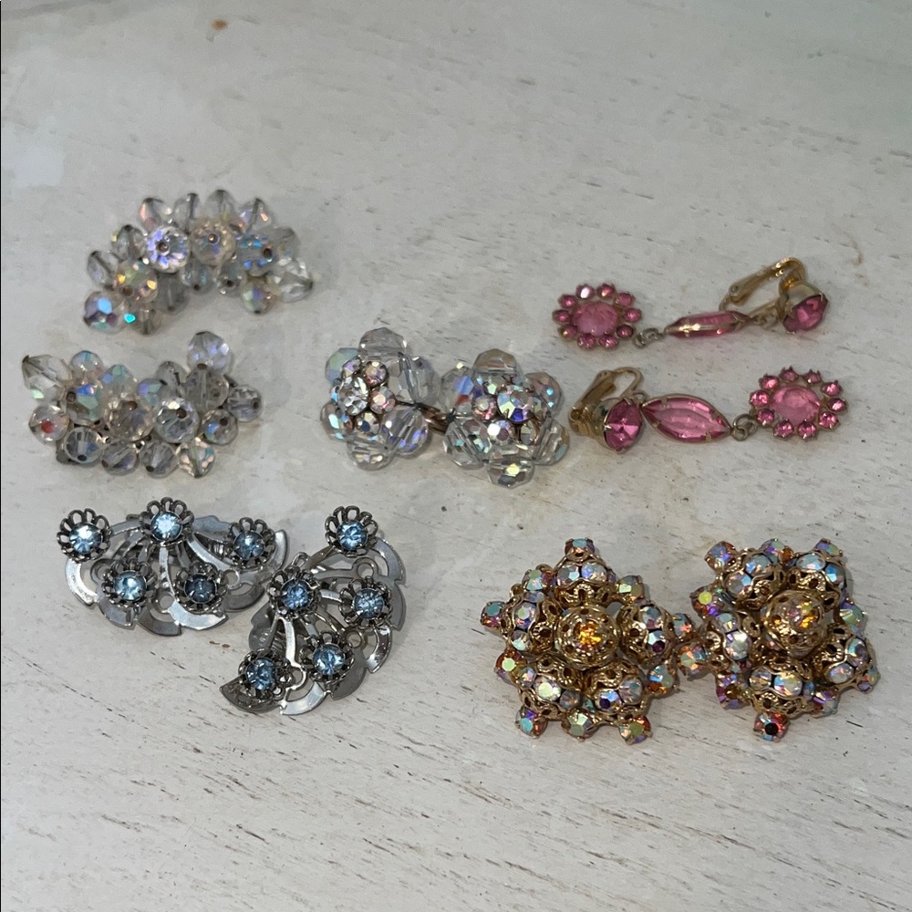 Lot 5 pairs Vintage AB Crystal clip on earrings waterfall